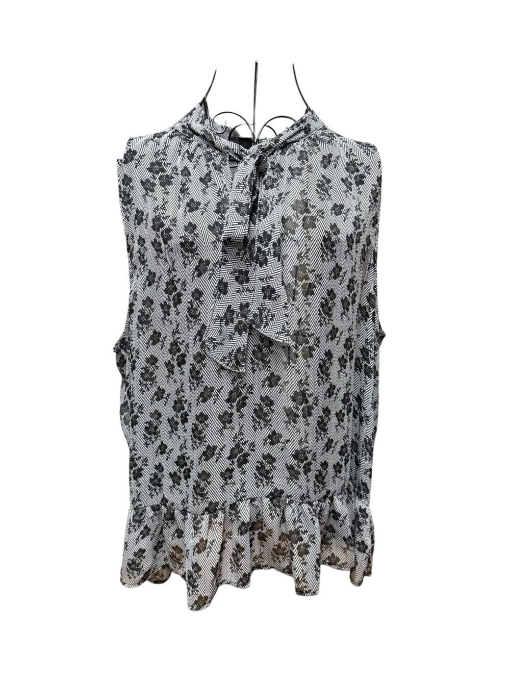 Liz Claiborne Sheer Black & White Floral Ruffle Tie Neck Sleeveless Top XXL